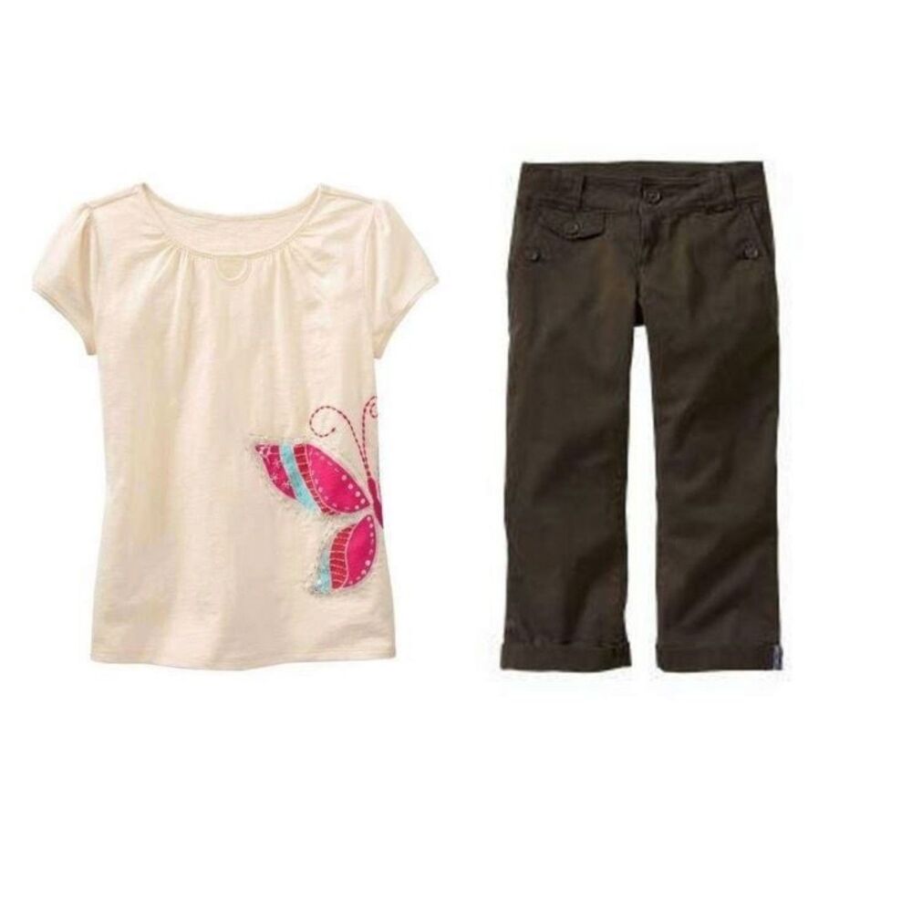 Gap kids girls capris outfit S 6 7 T-shirt brown crop pants cream butterfly top